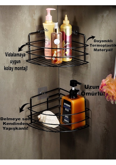 Sas Haus Ömür Boyu Paslanmaz Yapışkanlı Banyo Köşeliği Düzenleyici Şampuanlık Duş Rafı 2 Adet Siyah TK-01