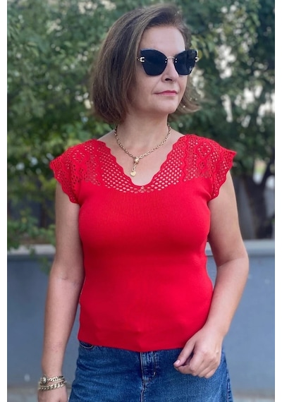 Mia Butik Kadın Kırmızı Sıfır Kol Ajurlu Triko Bluz Kırmızı