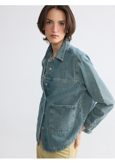 Lcw Everyday İndigo Gömlek Yaka Oversize Kadın Jean Ceket
