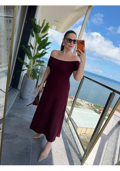De'charme Kadın Madonna Yaka Midi Boy Modal Elbise Bordo