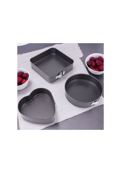 3 Parça Metal Kelepçeli Black 3 Boy Kalp Kare Yuvarlak 3'lü Kek Kalıbı Seti Siyah 2 Li