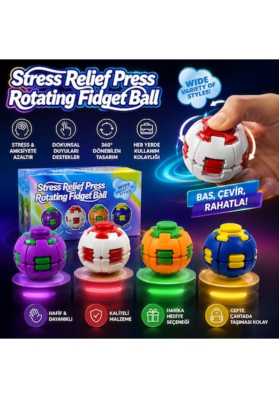 Masita Stress Relief Press Rotating Fidget Ball / Bas Çevir Rahatla 360 Derece Dönen Stres Giderici Fidget Topu 1 Adet