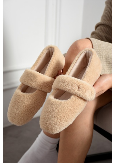 Nmoda Ultra Yumuşak Peluş Kadın Ev Babeti Ses Yapmaz Hafif Taban Panduf Vizon