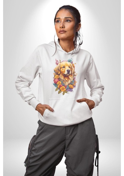 Golden Çiçekli Baby Face Kadın Erkek Beyaz Kapüşonlu Sweatshirt Hoodie Beyaz