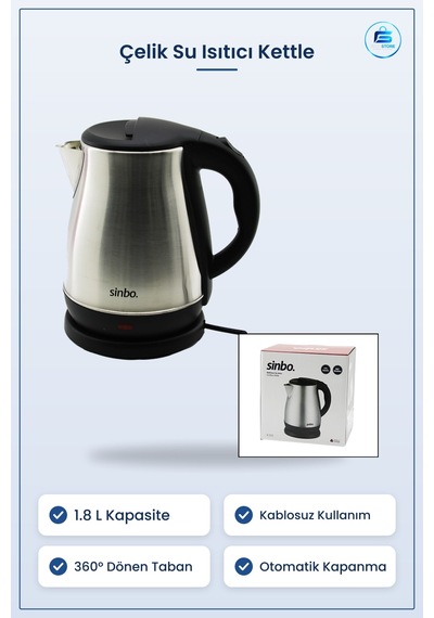 Su Isıtıcı Kettle Çelik Kablosuz 1.8 L Taban Otomatik Kapanma M