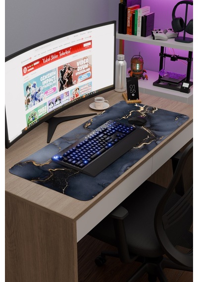 Siyah Mermer Kaymaz Dikişli Kauçuk Oyuncu Mousepad V2 - 90x40 Xxl Gaming Mouse Pad Fare Altlığı