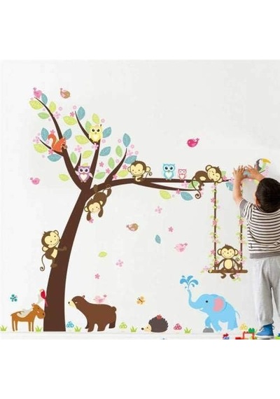 Çocuk ve Bebek Odası Sevimli Orman Hayvanları Ayı Fil Maymungeyik Baykuş Duvar Sticker Pvc