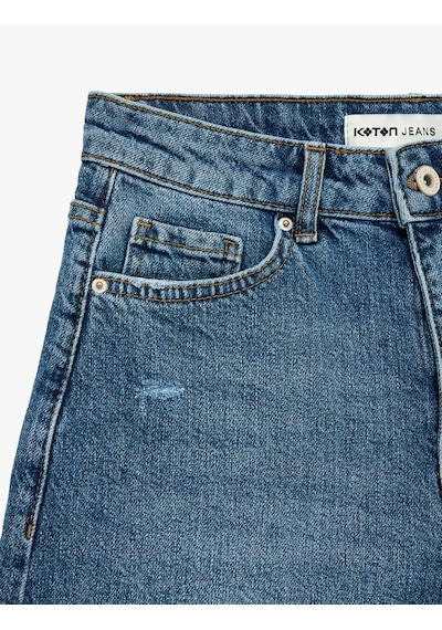 Koton Pamuklu Yüksek Bel Slim Fit Duble Paça Mini Denim Şort Orta İndigo 6sal40005md