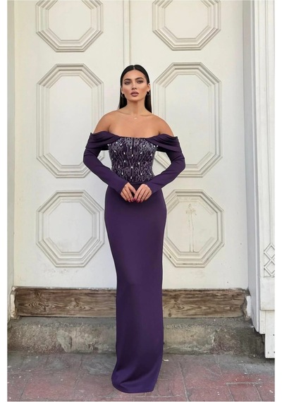 Alfa Aksesuar 03 Dik Payetli Abiye Kollu Elbise Maxi Uzun Yaka Mor