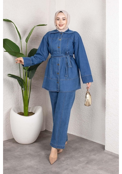 Misskayle Kuşaklı Düğmeli Denim Takım Rahat Kesim İkili Kombin Açık Mavi Açık