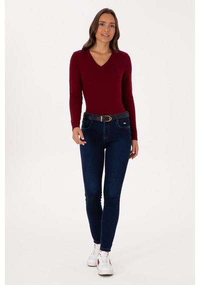 U.S. Polo Assn. Kadın Bordo V Yaka Basic Kazak 50307712-VR014