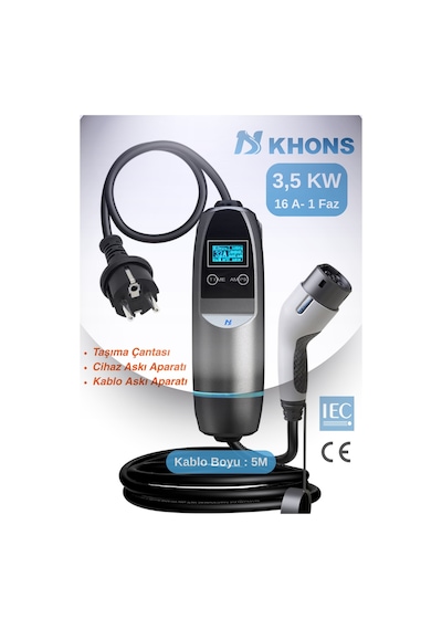 Khons Tek Faz 16A 3.6 KW Taşınabilir Elektrikli Araç Şarj İstasyonu