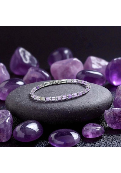 Moncuk Design Ametist Taşı & Silver Hematit Taşlı Ayarlanabilir Çelik Zincir Erkek Bileklik 33512b10 Çok Renkli