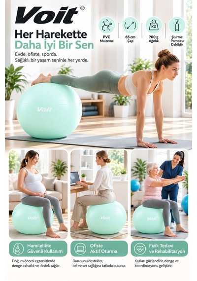 65 cm Pilates Topu Pompa Dahil Fitness ve Denge Egzersiz Topu Yeşil