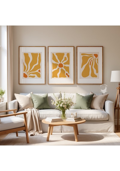 3 Lü Soyut Çerçevesiz Poster Seti Hardal Sarısı Turuncu Modern Minimalist Duvar Dekoru Ev Dekorasyonu
