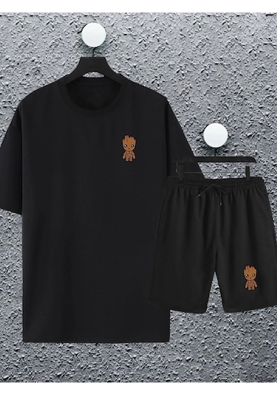 Adrift Unisex Marvel Groot Baskılı Oversize Tshirt Ve Şort Eşofman Takımı Siyah