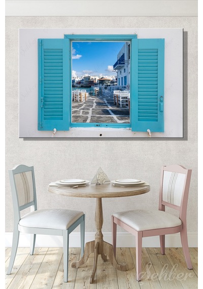 Yunanistan Mikonos Adası Deniz Kenarındaki Kafeler Dekoratif Yatay Kanvas Tablo 4039 Çok Renkli