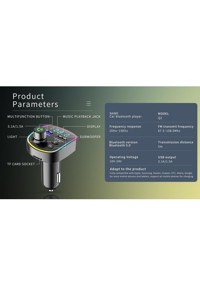 Ga03 Rgb Renkli Fm Transmitter Mp3 Çalar Bluetooth 5.3 Çakmaklık Hızlı Şarj Aleti Rgb Led Işıklı Bt 5.0