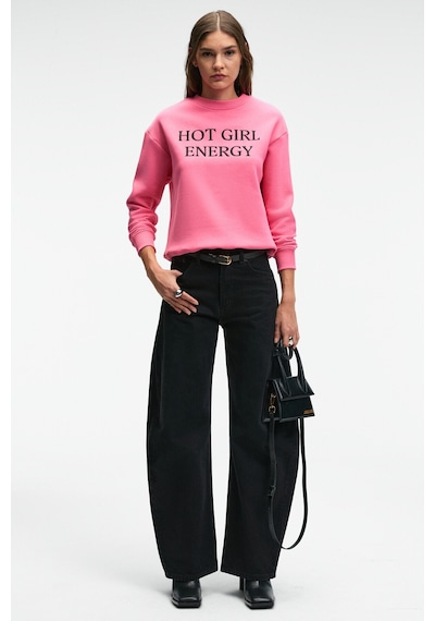 Grımelange ISOLUNE Kadın Yaka Nakış Detaylı Oversize Bisiklet Yaka Pembe Sweatshirt