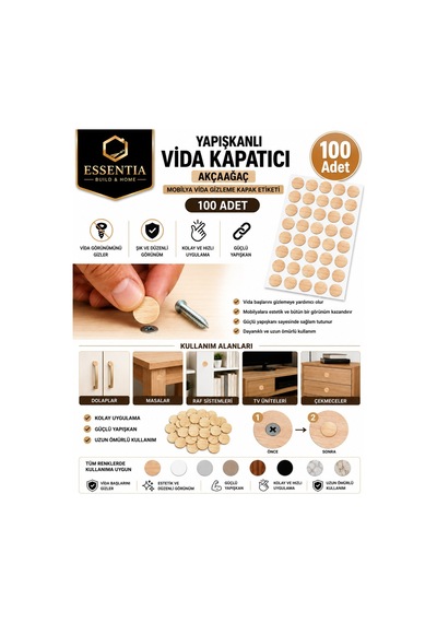 Yapışkanlı Vida Tapası Açık Akçaağaç Mobilya Vida Gizleme Kapak Etiketi 100 Adet Çoklu Renk