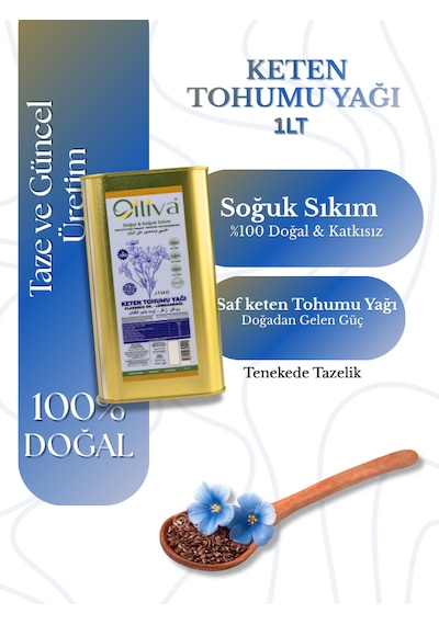 Keten Tohumu Yağı 1 L Teneke Soğuk Sıkım, %100 Doğal, Katkısız