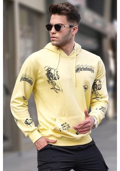 Madmext Sarı Baskılı Kapüşonlu Sweatshirt 5895 Sarı