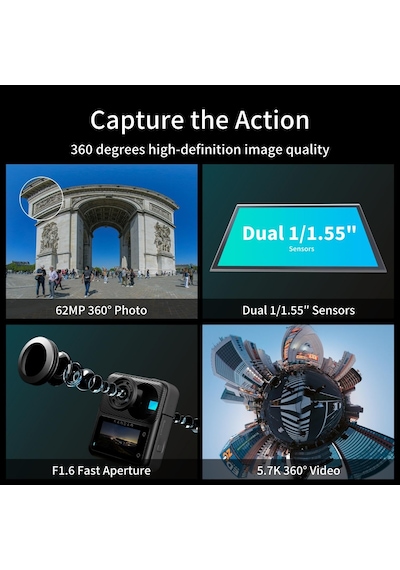 Kandao Qoocam 3 Aksiyon Kamerası 5.7 K + 2 Batarya + 128 Gb Sd Kart + 1 Kamera Çubuğu + 1 Motor Aksesuar Paketi Full Set Siyah