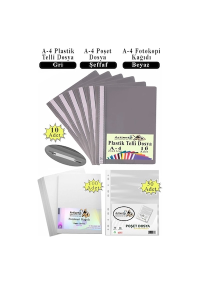 Telli Dosya Plastik A4 10 Lu Poşet Dosya 50 Li A4 Fotokopi Kağıdı 100 Adet 1 Paket Ekonomik Kaliteli Şeffaf Kapak Dosya Gri