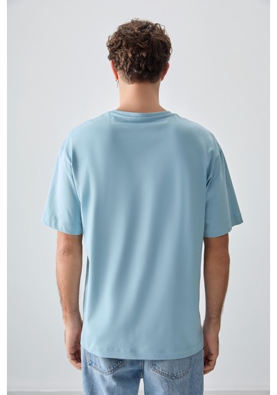 Air Jones Tommy Life Açık Mavi %100 Pamuk Kalın Yumuşak Dokulu Oversize Fit Baskılı Erkek T-shirt - 88355 Açik Mavi