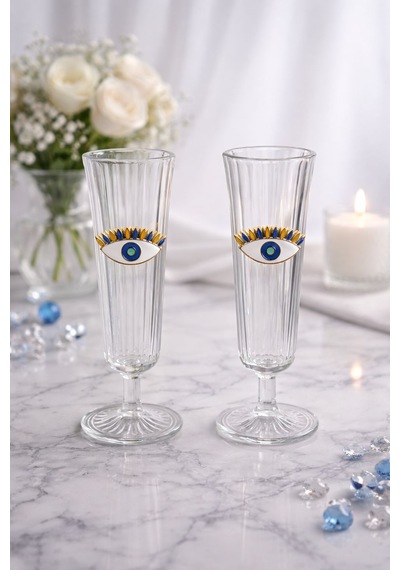 6 Lı Kristal Cam Nazar Göz Kahve Yanı Bardağı Su Bardak 150ml Şeffaf