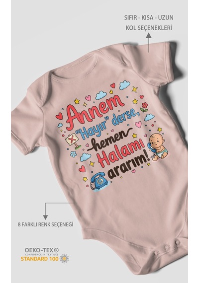 Morivokids Annem Hayır Derse Hemen Halamı Ararım Kısa Kollu Bebek Body %100 Pamuk Pastel Pembe