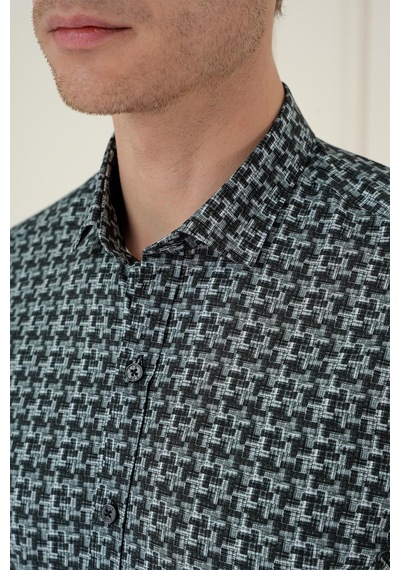 Efor Slim Fit Kazayağı Desenli %100 Pamuk Casual Gri Gömlek G 1585 Gri