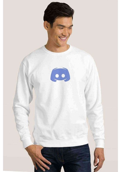 Discord Simge Logo Baskılı Beyaz Erkek Örme Sweatshirt
