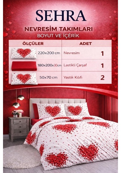 Lüks%80 Pamuklu Çift Kişilik Nevresim Takımı Seti Yorgan Kılıfı Kırmızı Kalp Desen 220x200 Cm + Lastikli Battal Boy Çarşaf 180x200x30 Cm +2 Yastık Kılıflı 50x70 Cm Çok Renkli