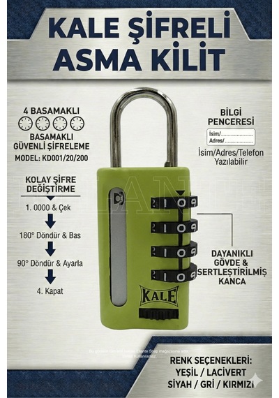Kale Kilit 4 Basamaklı Şifreli Asma Kilit - Yeşil Bilgi Pencereli
