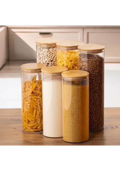 4-3 Bambu Vakumlu Kapaklı Yuvarlak Borosilikat Cam 6lı Kavanoz Seti Saklama Kabı 2100ml 10x30cm Diğer