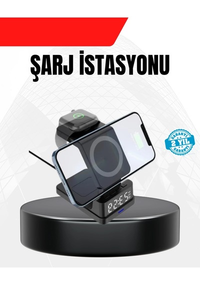 Buğz Led Dijital Saatli Kablosuz Şarj Cihazı 3 Parlaklık Ayarlı, Şarj Koruma Teknolojili
