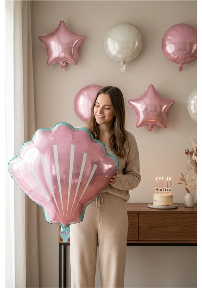 Pembe Deniz Kabuğu Midye Folyo Balon 52x54 Cm Deniz Temalı Doğum Günü Parti Süsü Çok Renkli