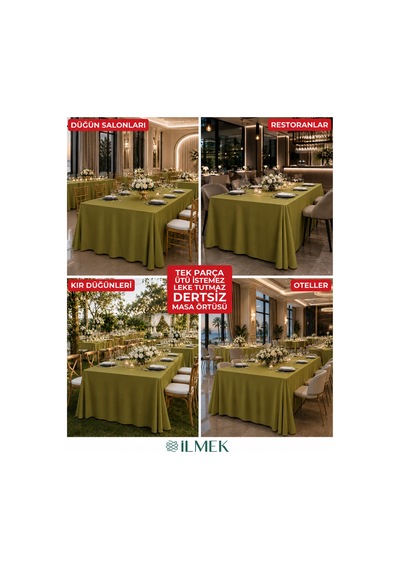 Dertsiz Dikdörtgen Masa Örtüsü 320x220cm - Dikişsiz Ütü İstemez - Düğün Davet Organizasyon Otel Restoran Haki Haki