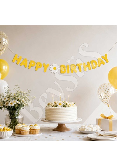Papatya Temalı Happy Birthday Banner Tüm Yaşlar