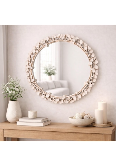 Dekoratif Duvar Aynası Yuvarlak Modern Çiçek Desenli Çerçeve, 43 Cm, Salon Antre Banyo İçin Şık Ayna İnci Diğer