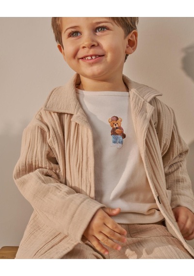 Magu Erkek Çocuk Pamuklu Bej Müslin Ceketli T-shirtli Pantolon Takım