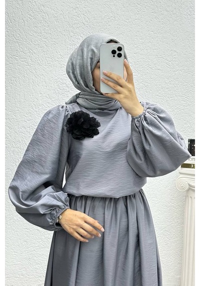 Neşeli Butik Kadın Çiçek Detaylı Etekli Tesettür Takım Nms004 Gri
