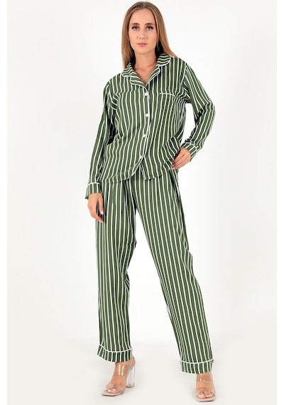 Doremi Stripes Uzun Kollu Kadın Pijama Takım Haki-m-l Haki