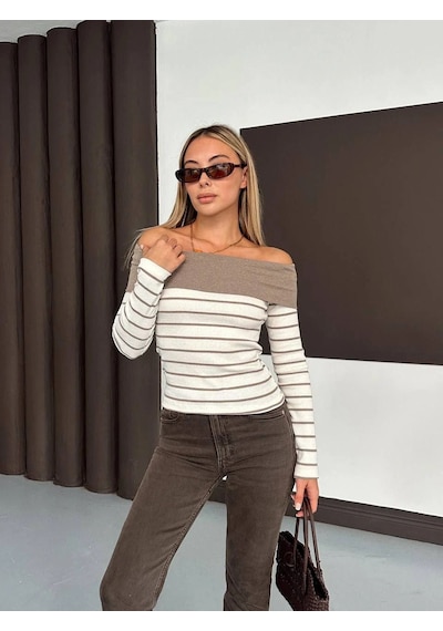 Defymoda Çizgili Madonna Yaka Kaşkorse Bluz Bej A844 Bej