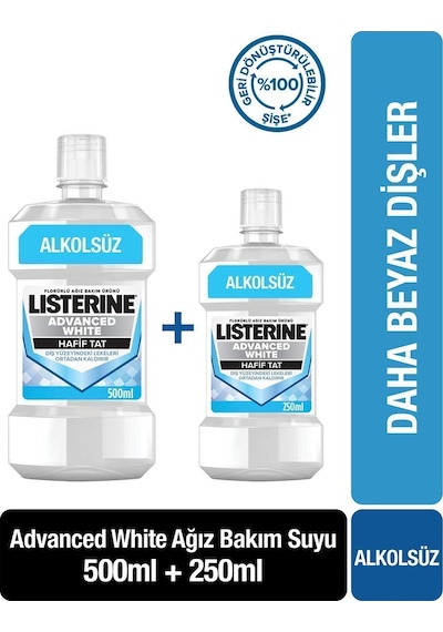 Listerine Advanced White Hafif Tat Alkolsüz Ağız Bakım Suyu 500  ml + 250 ml