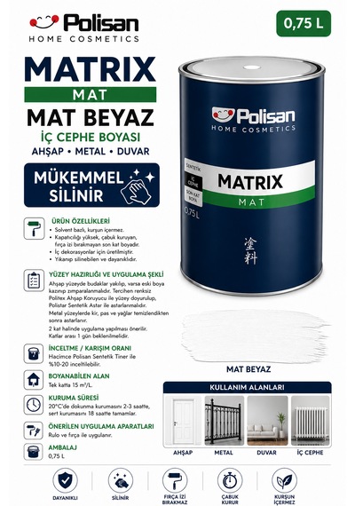 Polisan Matrıx Serisi Mat Beyaz İç Cephe Ahşap Metal Ve Duvar Boyası Mükemmel Silinir 0,75