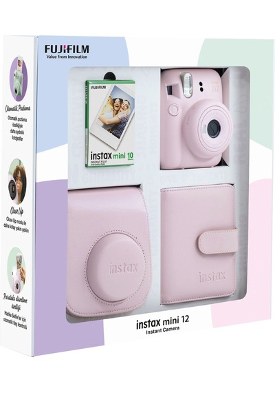 Fujifilm Instax Mini 12 Fotoğraf Makinesi + 10'lu Film Kare Albüm + Deri Kılıf Pembe