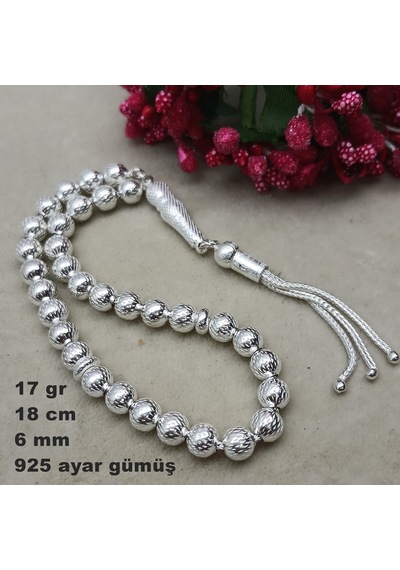 925 Ayar Gümüş Tesbih Yuvarlak Kesim Nokta Desen Küçük Boy