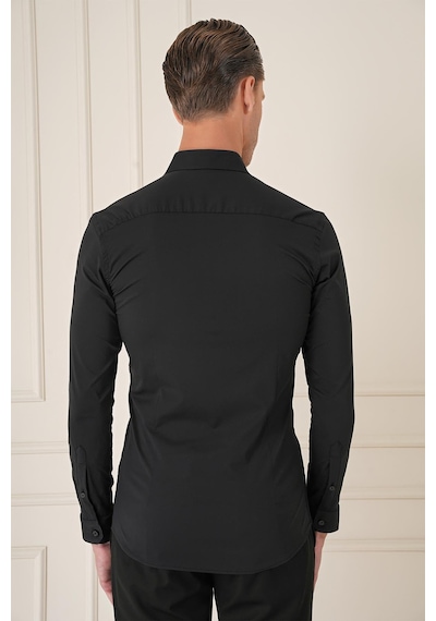 Efor Slim Fit Düğmeli Yaka Esnek Pamuk Klasik Siyah Gömlek Gk 727 Siyah